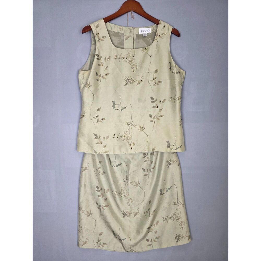 Vintage 100% Silk 2 Piece 16 Skirt Sage Floral Beading Office Wedding Guest